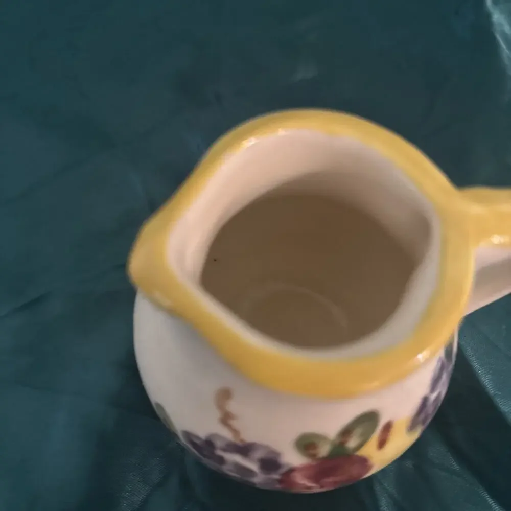 Hand Painted Small Pitcher/Creamer Fruit Motif With Yellow Trim 2 1/2 Inch